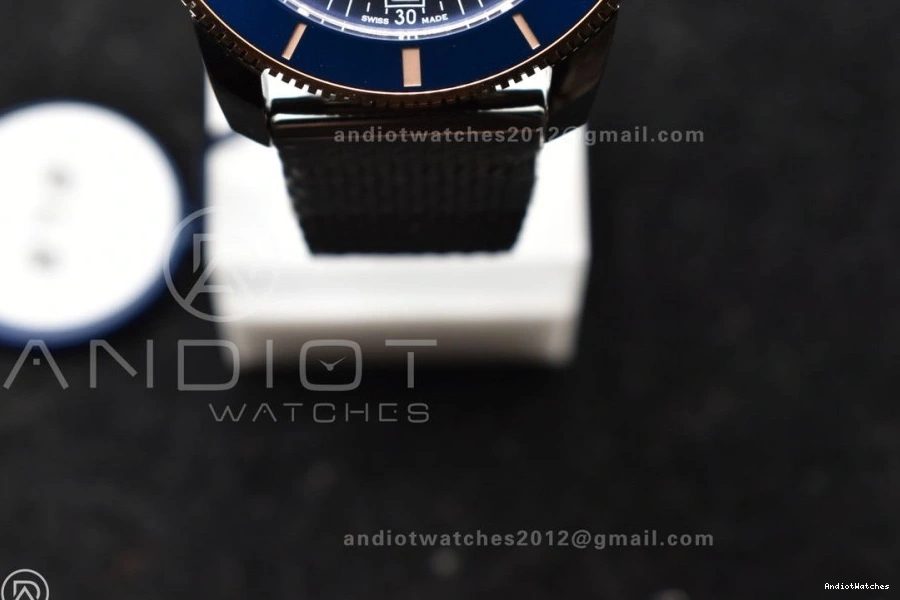 Ceramic BLSF SS Blue Dial and RG Blue II Bracelet Bezel A SuperOcean WaterResistant 1172 Mesh 42mm Heritage Bezel on 1213